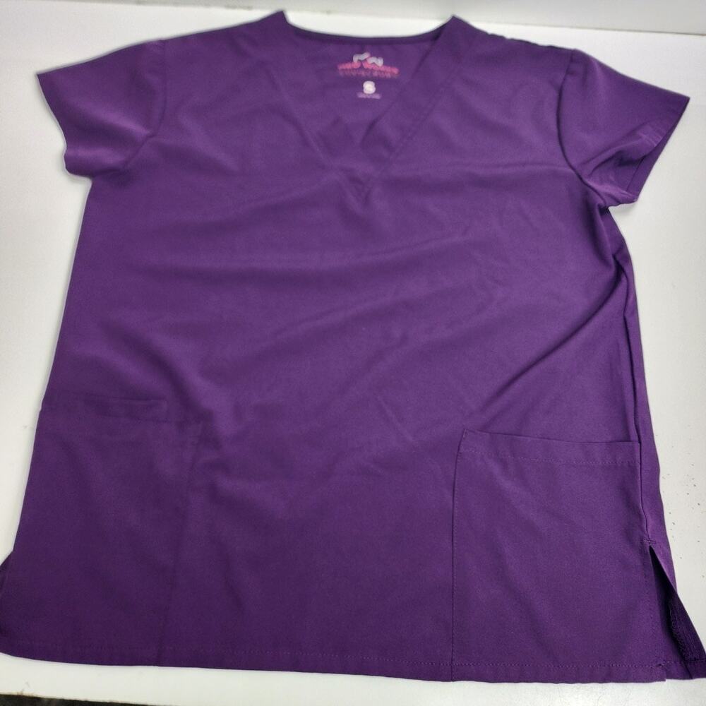 Med Works Eggplant Purple V-Neck Short Sleeve Scrubs Top Women's Size S